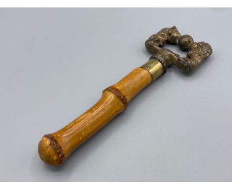 Vintage copper &amp; brass bottle opener with horse &amp; lion crest design - with wooden handle