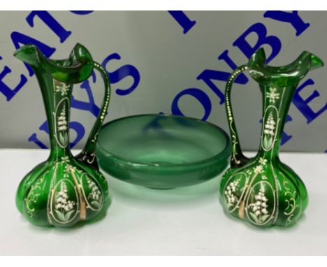 A lovely pair of antique hand made green glass vases with applied floral decoration, together with a vintage green glass bowl