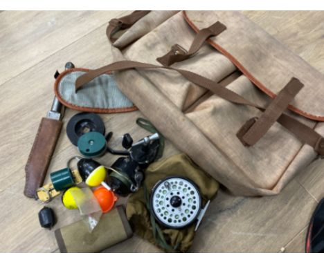 Farlow Sharpe from Taylor &amp; Johnson fishing bag containing reels, scales, knife &amp; floats