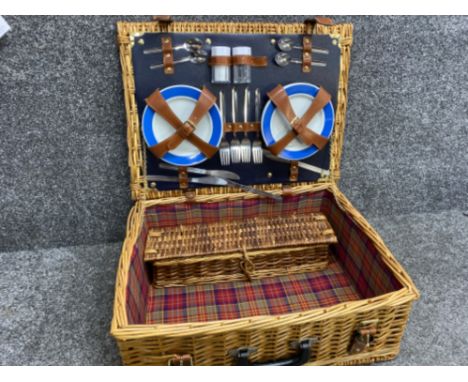 Vintage wicker picnic basket with contents - 55x41cm