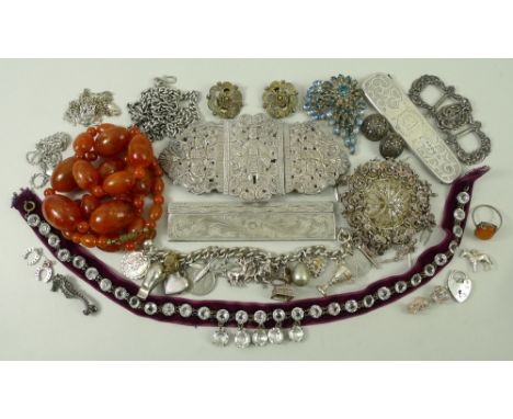 A quantity of silver and costume jewellery including a filigree brooch, a kerb link charm bracelet with eighteen charms, as f