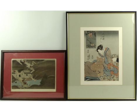 A Japanese woodblock print, 20th century, of a woman looking into a box whilst seated on a couch, signed, 34 by 23cm, and a f