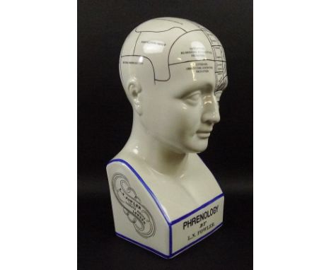 A modern ceramic bust of Fowler's phrenological head, after the Victorian model, 14 by 14 by 30cm.