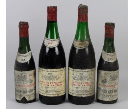 Vintage Wine: two bottles of Nuits St Georges, Clos de Papillon, Cote d'Or, 1969, U: 5.5cm and 4cm, and two half bottles of N