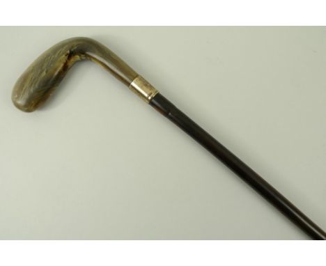A bamboo Sunday stick, early 20th century, with a horn handle, plated ferrule, 89cm long.