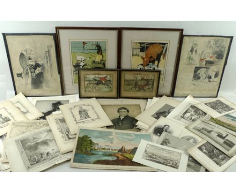 A large portfolio of 18th and 19th century prints and engravings including portraits and topographical, with several illustra
