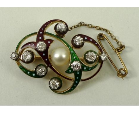 Manner of Carlo Giuliano: a gold, enamel, diamond and pearl brooch in a scrolling foliate design, diamonds approximately 0.5c
