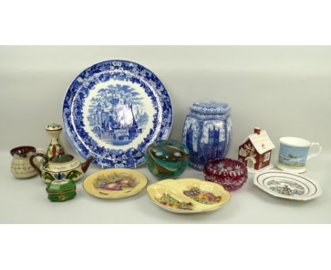 A quantity of ceramics and glass comprising a Maling ware for Ringtons tea caddy, a Coalport pastille burner and Battle of Br