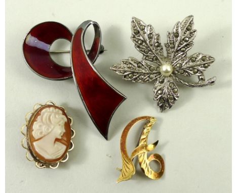 A 14ct gold initial 'A' brooch, 1.4g, 9ct gold and cameo brooch, bust portrait of a lady, a Norwegian silver and red guilloch