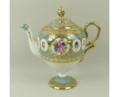 A Noritake porcelain part coffee service, early 20th century, of baluster form, reserve painted with vignettes of flowers aga