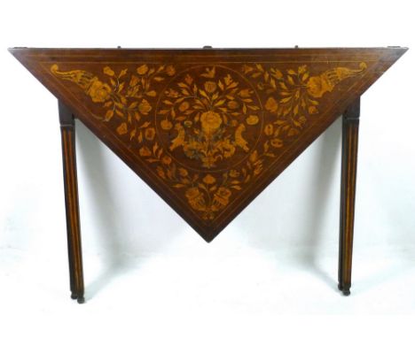 A Dutch mahogany yacht card table, of triangular form, with marquetry inlay of birds and cornucopias of flowers, folding away