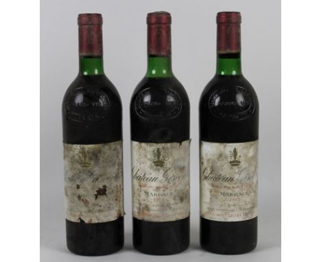 Vintage Wine: three bottles of Chateau Giscours, 3eme Cru Classe, Grand Vin, Margaux, 1972, U: all top shoulder or better.
Pr