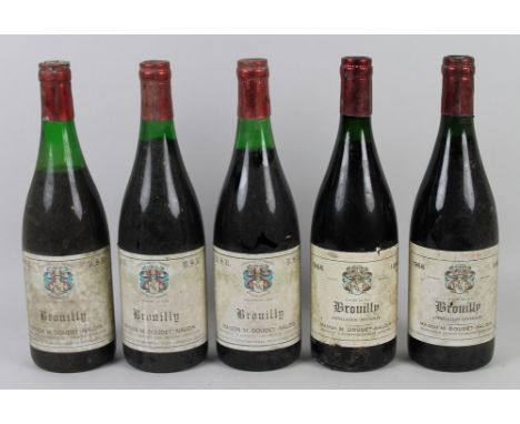 Vintage Wine: two bottles of Brouilly, Mainson M. Doudet-Naudin, Cote d'Or, 1966, U: 2cm or better, and three further similar