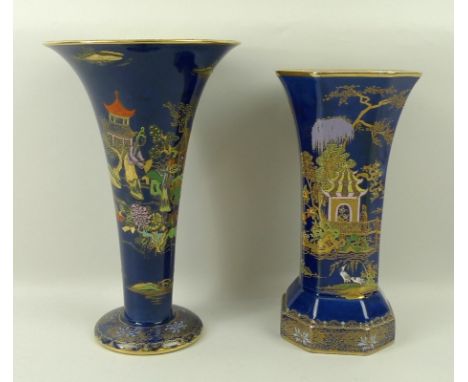 A Carltonware, Wiltshaw and Robinson, vase of trumpet form decorated in the Mikado pattern against a blue ground, 26cm high, 