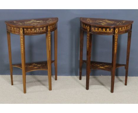 A pair of reproduction Dutch style mahogany marquetry bedside tables, the D-form tops and single drawers above a mid shelf, i