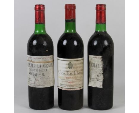 Vintage Wine: a bottle of Clos Toulifaut, Pomerol, 1970, and two bottles of Chateau La Grave, Trigant de Boisset, Pomerol, 19