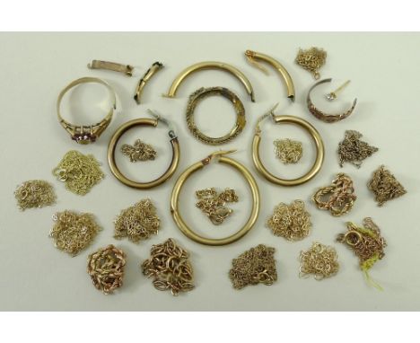 A quantity of 9ct gold jewellery including hoop earrings, a ruby and diamond set dress ring and various chains, 22.7g. 