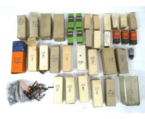 A quantity of British Army issue VR102 -10E 279 valves, and transmitters, including CV63, VT 105, with military marks, many b