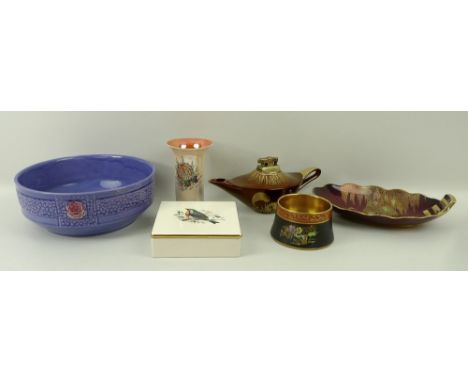 A group of Carltonware ceramics comprising a Wiltshaw and Robinson blue bowl, 20cm, a lustre vase, 11cm, an Aladdin's lamp ta