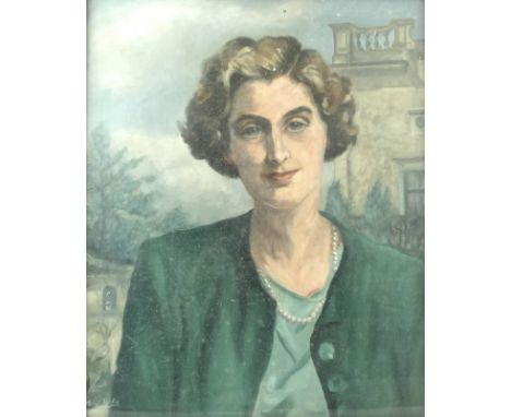 Shelagh Harley: half length portrait of a lady, oil on canvas, signed lower left, 59.5 by 49.5cm, together with a half length