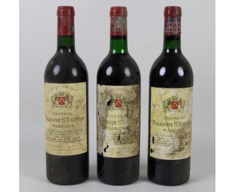 Vintage Wine: three bottles of Chateau Malescot St Exupery, 3eme Cru Classe, Margaux, 1985, 1986 and 1988, U: all base neck o