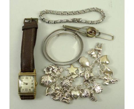 A Hamilton gentleman's 14ct gold plated wristwatch, circa 1930's, two silver baby's bangles, silver and aquamarine paste set 