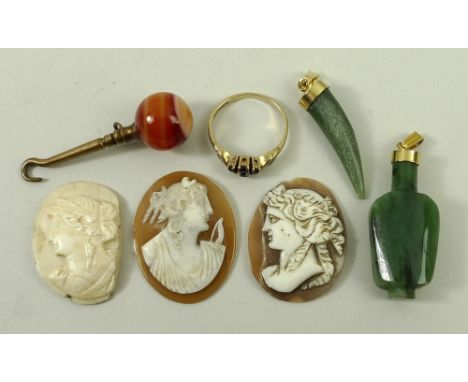 A 9ct gold, sapphire and diamond ring, size L, two shell cameos and one ivory cameo, bust portraits of ladies, a spinach jade