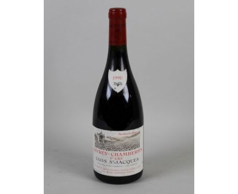 Vintage Wine: a bottle of Gevrey-Chambertin, 1er Cru, Clos St. Jacques, Domaine Armand Rousseau, Cotes d'Or, 1990, U: 1cm.