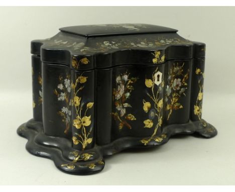 A Victorian papier mache twin division tea caddy of rectangular, serpentine form, painted and mother of pearl inlaid with flo