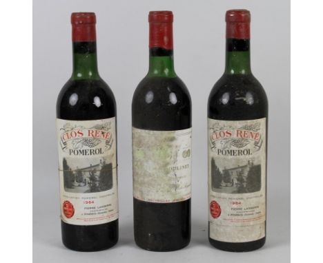 Vintage Wine: two bottles of Clos Rene, Pomerol, 1964, and a bottle of Chateau Moulinet, Pomerol, 1970, U: all top shoulder o