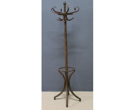 A bentwood coat stand, with six curved branched arms, and a stick stand below, 54 by 200cm high..