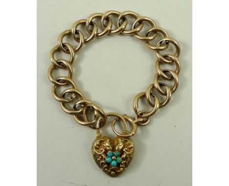 A Victorian gold and turquoise set heart shaped locket on a 9ct gold belcher hollow link chain, 23.1g.