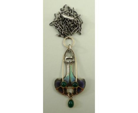 A Theodor Fahrher gold and silver Jugendstil pendant decorated with plique a jour enamel, set with two circular chalcedony ca