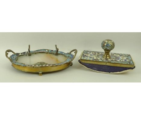 A French, late 19th century, brass and champleve enamel desk set with floral decoration, comprising ink blotter, 11 by 6.5 by