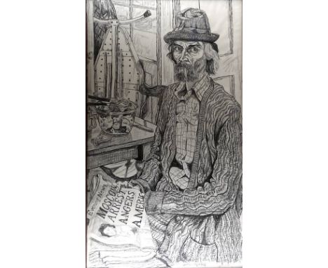 George Shirlaw FRSA (British, 20th century): self portrait with a headline newspaper, charcoal, signed lower right, 129 by 74
