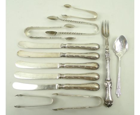 A Victorian silver pickle fork, Birmingham 1867, five butter knives with silver handles, Sheffield 1933, a selection of five 