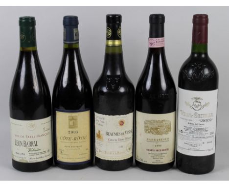 Vintage Wine: a mixed parcel of five bottle of red wine, comprising a bottle of Cote-Rotie, Rene Rostaing, 2005, a bottle of 