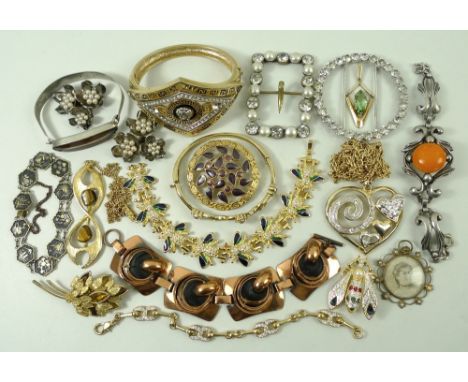 A quantity of costume jewellery including a copper bracelet, Versace style bangle, paste and simulated pearl buckle, heart sh