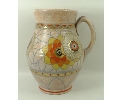 A Charlotte Rhead pottery jug of baluster form, tube line decorated in the 'Rhodian' pattern, signed and printed mark, 26cm h