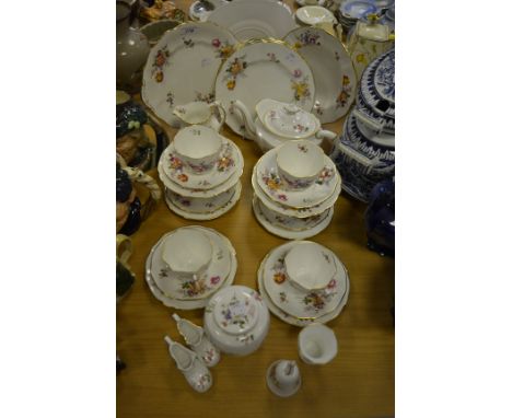 A Royal Crown Derby, Derby Posies pattern tea service for six, comprising of, teapot, sugar bowl, bread and butter plate, cup