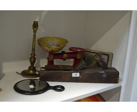 A set of F.J Thornton and Co, Viking kitchen scales; a brass table lamp; a wood plane; tin;  etc 