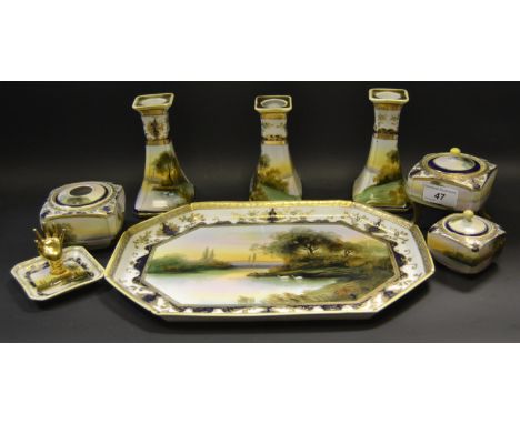 Noritake - an eight piece hand painted dressing table set, comprising  elongated octagonal tray, three candle sticks, hair ti