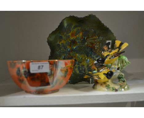 A Beswick bird group, 926;  a Carnival glass bowl, in green;  a Wilkinson lustre octagonal bowl (3)