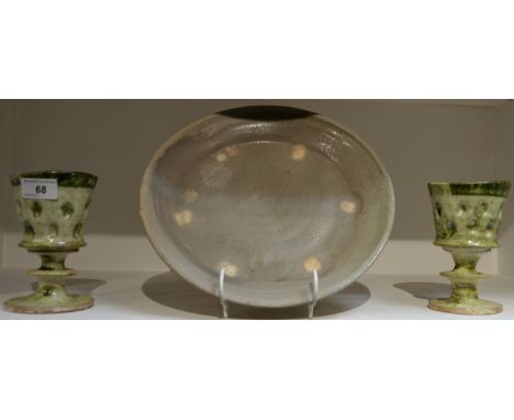 Local Interest - a Geoff Fuller, from the Three Stags Heads, Wardlow studio dish; a pair of glazed studio pottery goblets, in