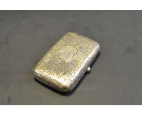 A George V silver rounded rectangular pocket cigarette case, engraved overall with scrolling foliage, Birmingham 1911
