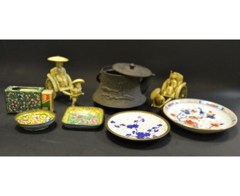 A Chinese cast iron miniature teapot, relief cast with running horse and mountains;  loop handle;  enamelled trinket trays, e