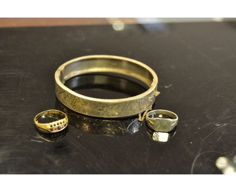 Jewellery - an 18ct gold diamond and ruby quintet ring, 2.5g;  a silver hinge bangle,  a silver ring (3) 