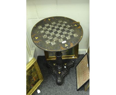 A Victorian papier mache top, mother of pearl inlay chess board top, occasional table, ebonised carved, pedestal support, tri