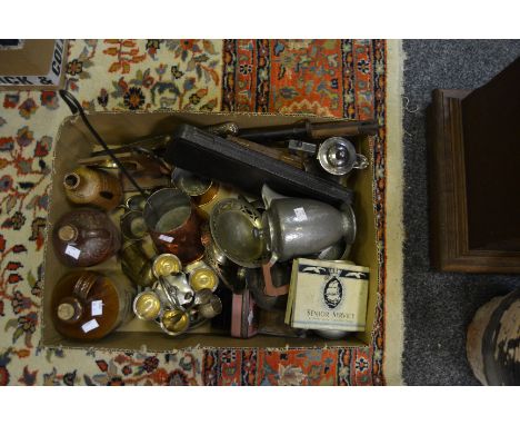 Ephemera - cider measures; pewter tea service; silver plated egg cup stand; stoneware bottles;  etc (1 box)