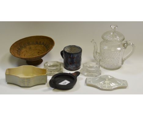 Ceramics and Glass -a pair of canted clear glass salt cellars;  a glass teapot;  a Wedgwood black basalt Egyptian oil lamp;  